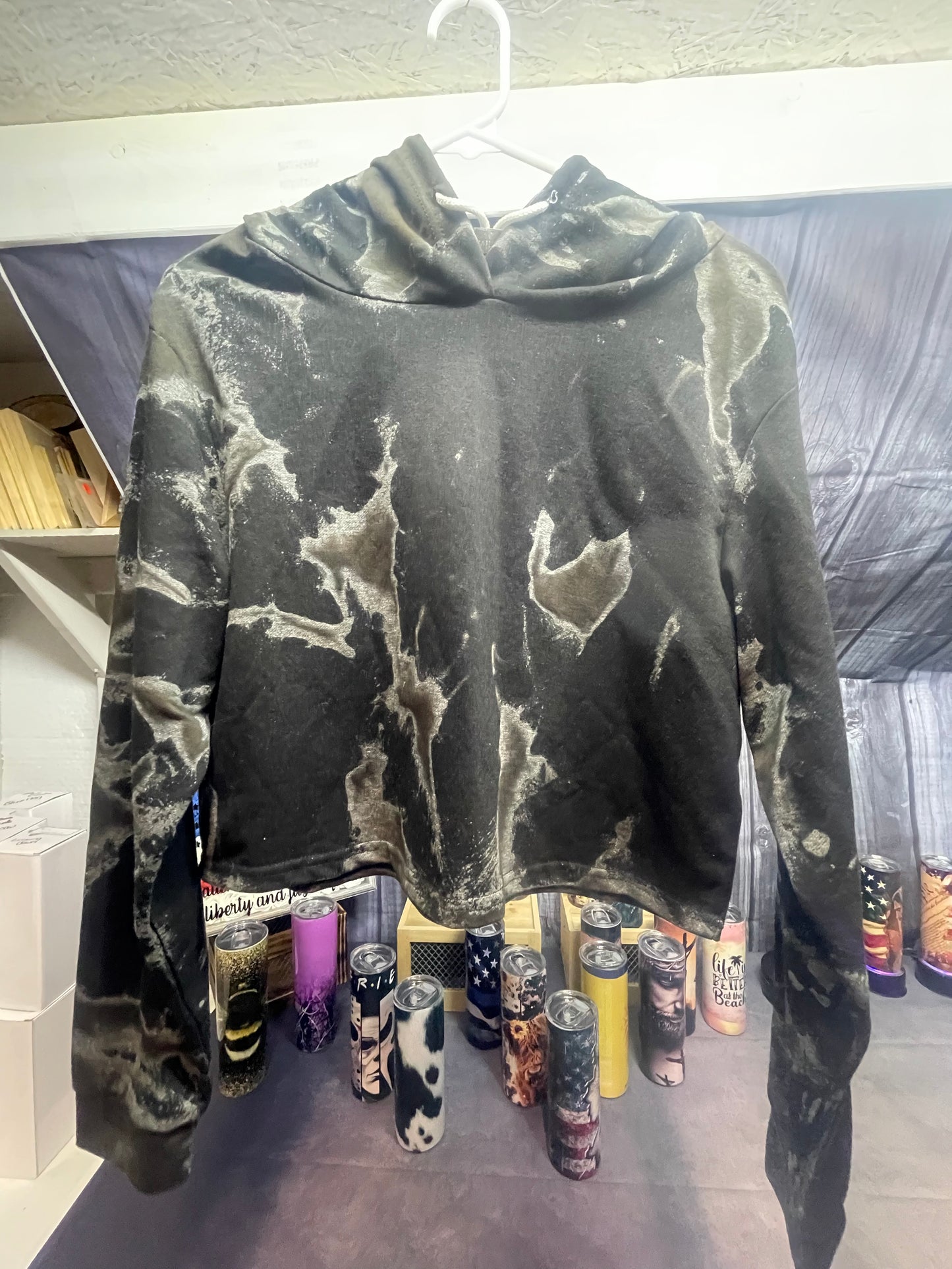 Bleached Black and Gray Cropped Hoodie